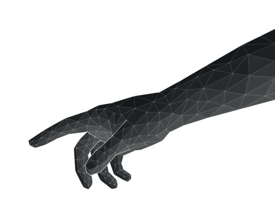 Low-poly wireframe hand reaching toward a swarm of game cursors